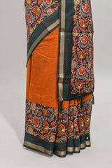 Mustard yellow embroidery mirror work viscose georgette saree with contrast floral vine zari border and printed blouse