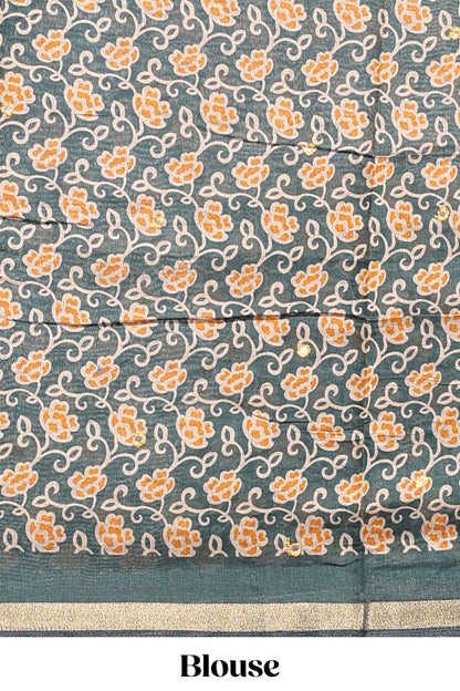 Mustard yellow embroidery mirror work viscose georgette saree with contrast floral vine zari border and printed blouse