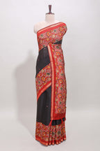 Black embroidery mirror work viscose georgette saree with contrast floral vine zari border and printed blouse