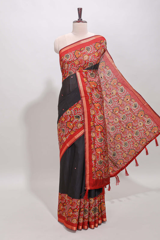Black embroidery mirror work viscose georgette saree with contrast floral vine zari border and printed blouse