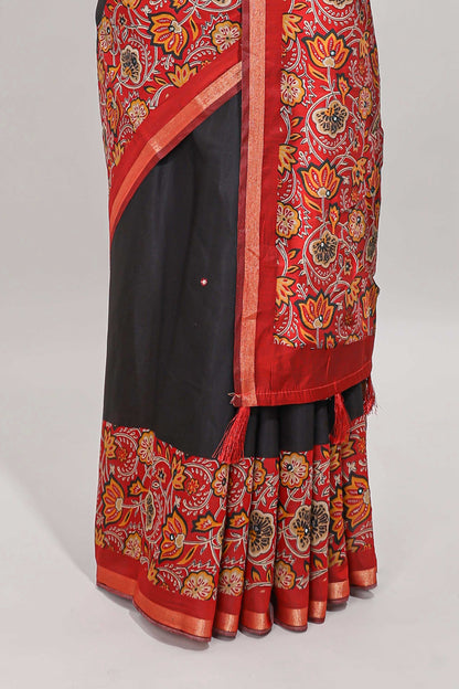 Black embroidery mirror work viscose georgette saree with contrast floral vine zari border and printed blouse
