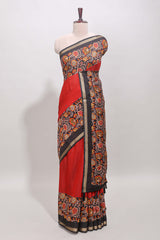 Red embroidery mirror work viscose georgette saree with contrast floral vine zari border and printed blouse
