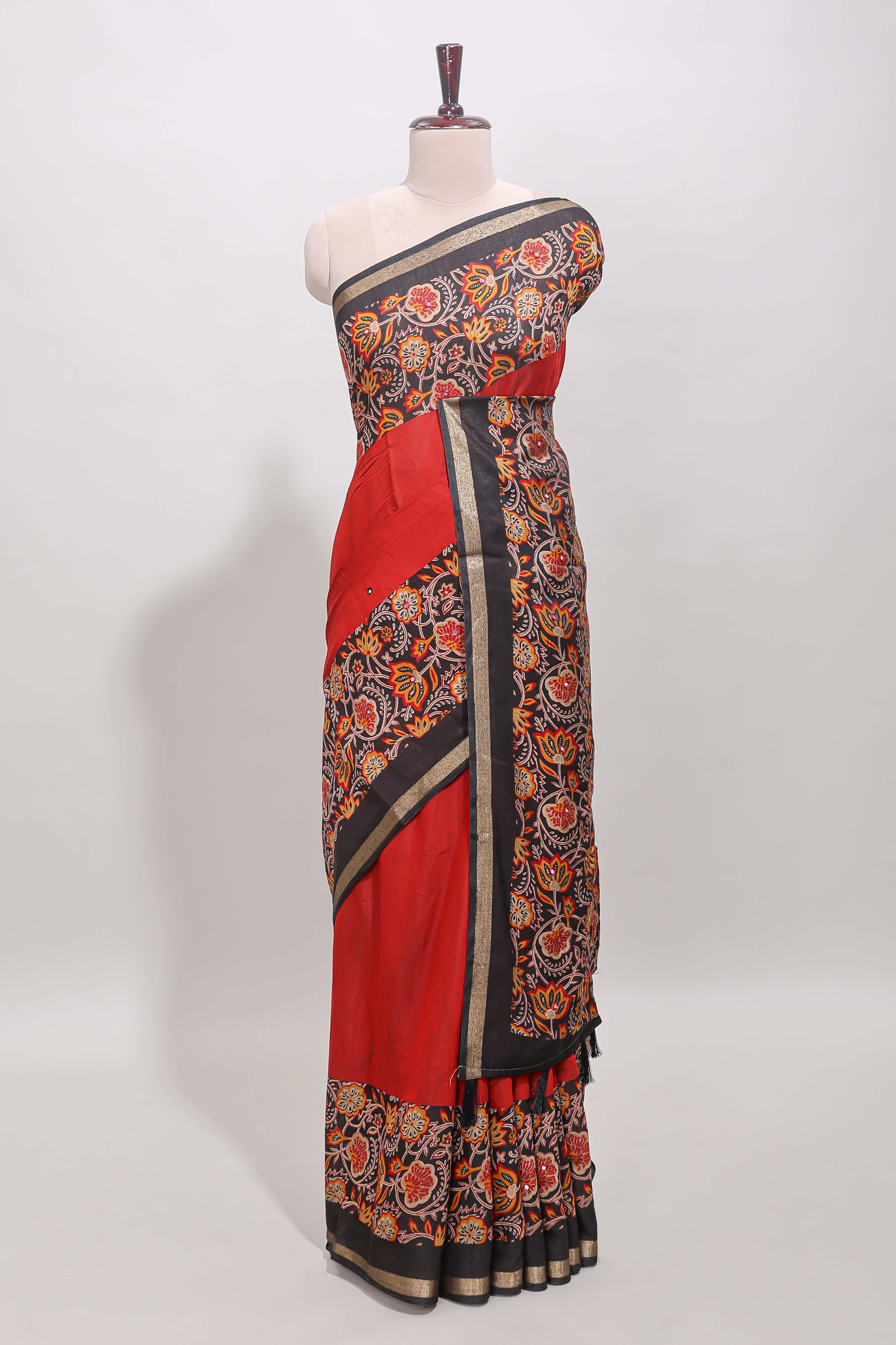 Red embroidery mirror work viscose georgette saree with contrast floral vine zari border and printed blouse