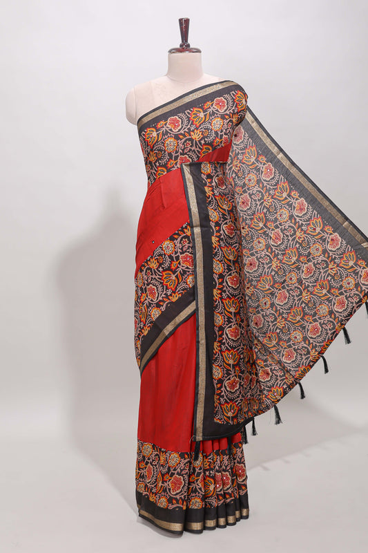 Red embroidery mirror work viscose georgette saree with contrast floral vine zari border and printed blouse
