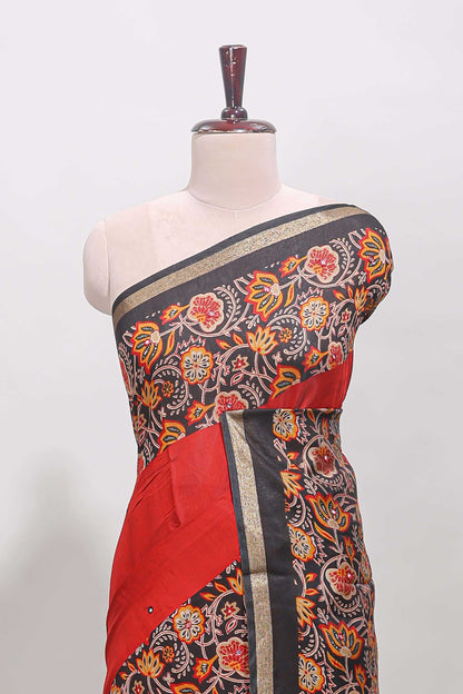 Red embroidery mirror work viscose georgette saree with contrast floral vine zari border and printed blouse