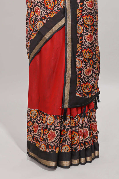 Red embroidery mirror work viscose georgette saree with contrast floral vine zari border and printed blouse