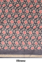 Red embroidery mirror work viscose georgette saree with contrast floral vine zari border and printed blouse