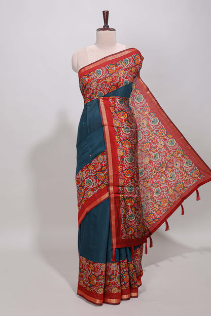 Blue embroidery mirror work viscose georgette saree with contrast floral vine zari border and printed blouse