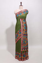Green embroidery mirror work viscose georgette saree with contrast chevron design zari border and printed pallu