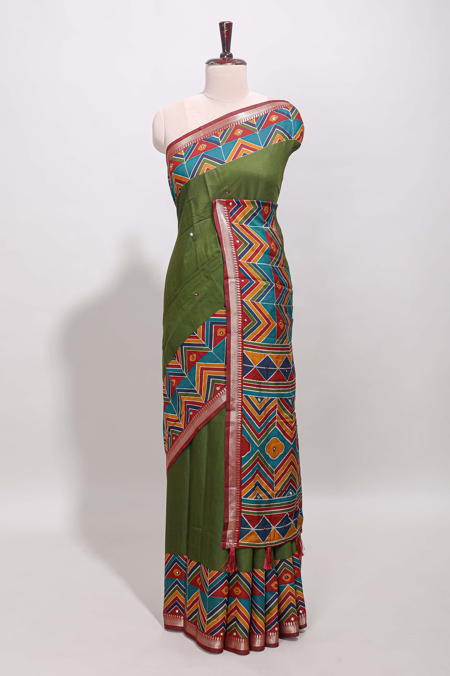 Green embroidery mirror work viscose georgette saree with contrast chevron design zari border and printed pallu