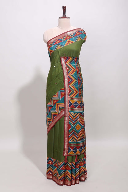 Green embroidery mirror work viscose georgette saree with contrast chevron design zari border and printed pallu