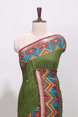 Green embroidery mirror work viscose georgette saree with contrast chevron design zari border and printed pallu
