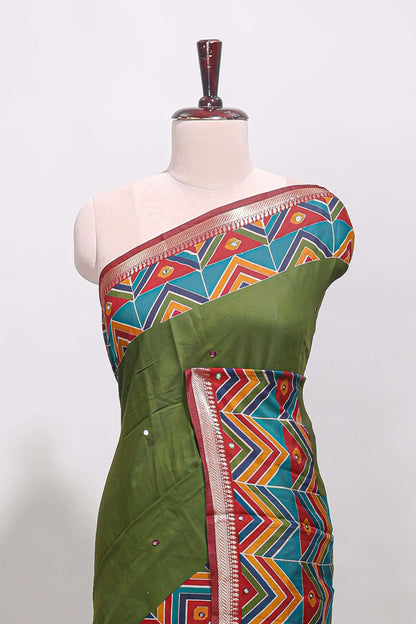 Green embroidery mirror work viscose georgette saree with contrast chevron design zari border and printed pallu