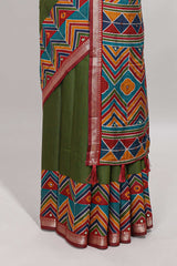 Green embroidery mirror work viscose georgette saree with contrast chevron design zari border and printed pallu