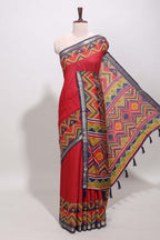 Red embroidery mirror work viscose georgette saree with contrast chevron design zari border and printed pallu