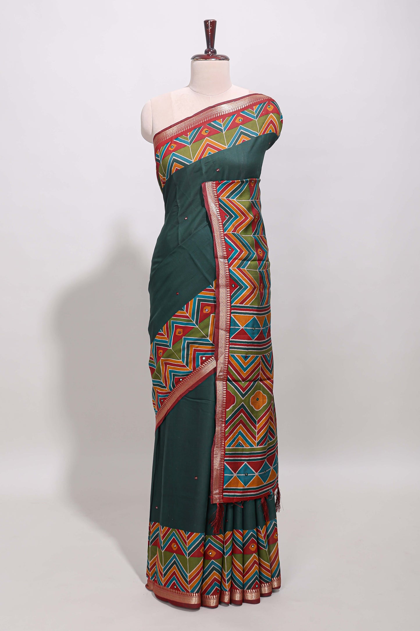 Green embroidery mirror work viscose georgette saree with contrast chevron design zari border and printed pallu