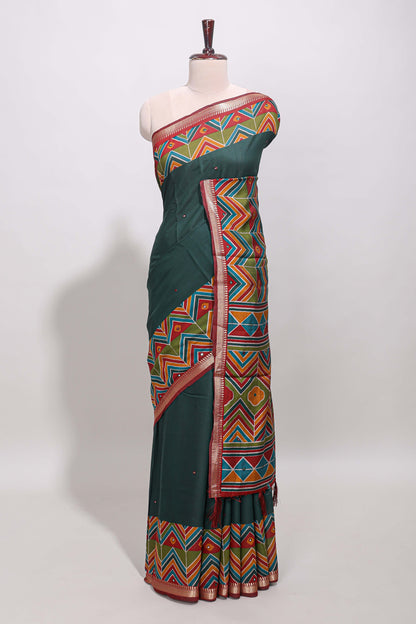 Green embroidery mirror work viscose georgette saree with contrast chevron design zari border and printed pallu