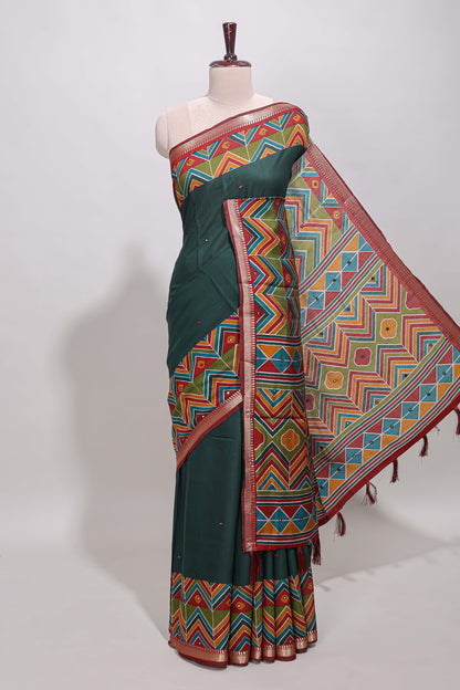 Green embroidery mirror work viscose georgette saree with contrast chevron design zari border and printed pallu