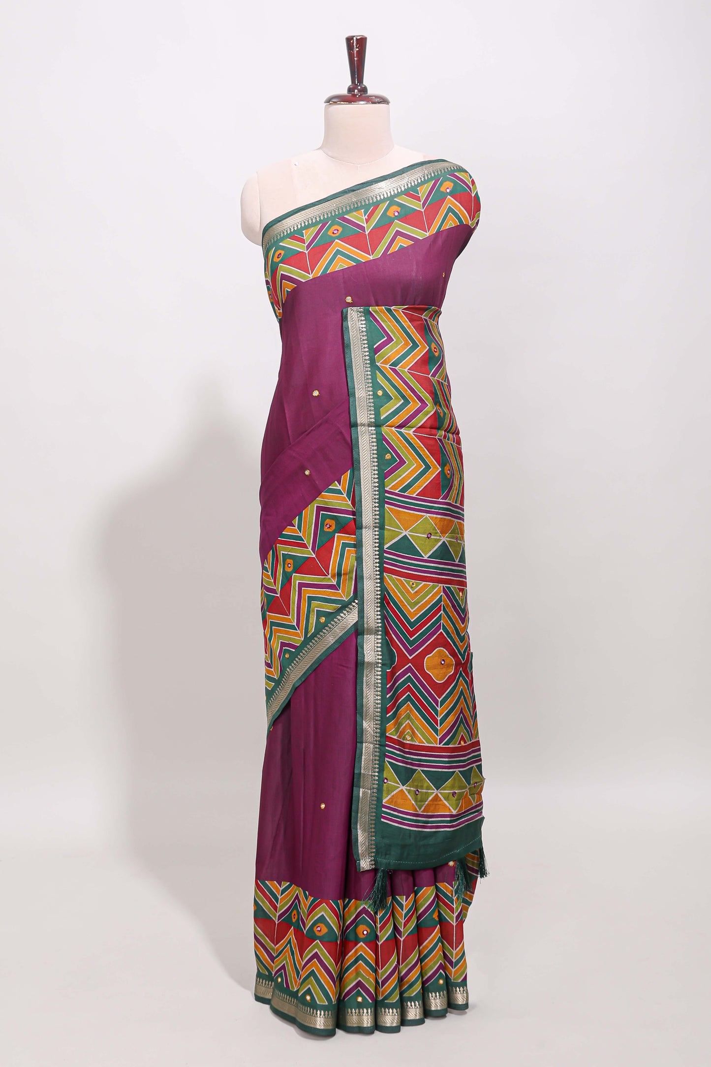 Purple embroidery mirror work viscose georgette saree with contrast chevron design zari border and printed pallu