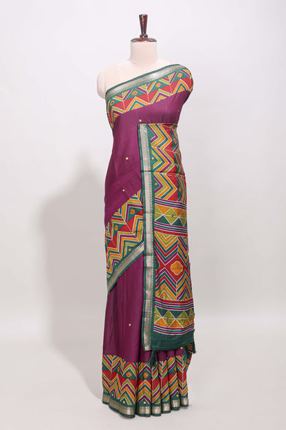 Purple embroidery mirror work viscose georgette saree with contrast chevron design zari border and printed pallu