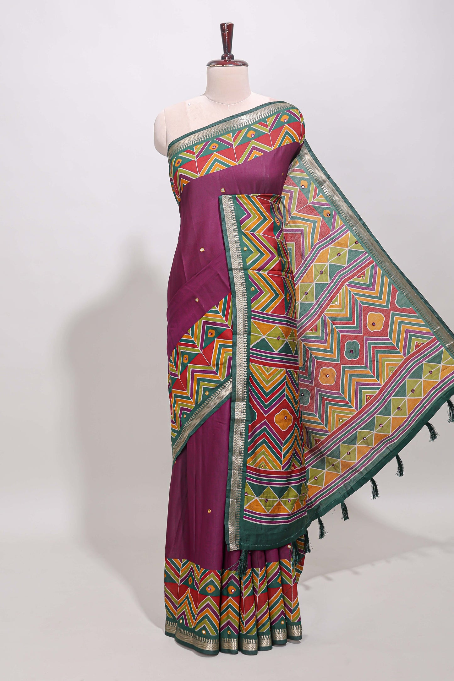 Purple embroidery mirror work viscose georgette saree with contrast chevron design zari border and printed pallu