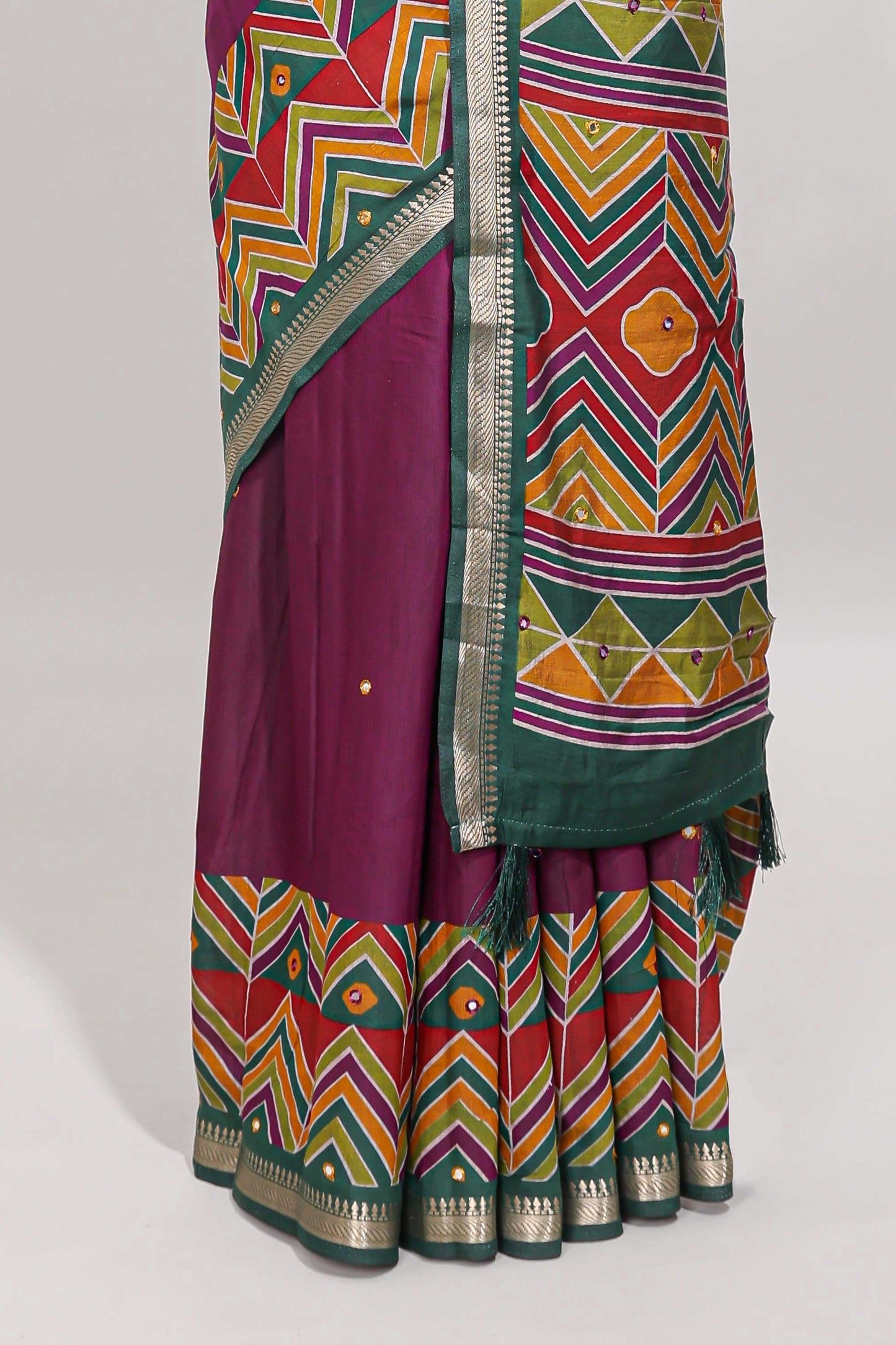 Purple embroidery mirror work viscose georgette saree with contrast chevron design zari border and printed pallu