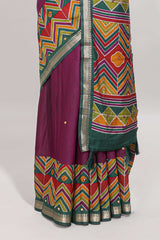 Purple embroidery mirror work viscose georgette saree with contrast chevron design zari border and printed pallu
