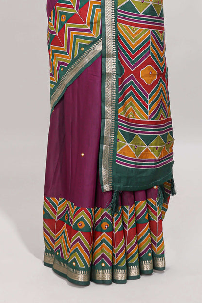 Purple embroidery mirror work viscose georgette saree with contrast chevron design zari border and printed pallu