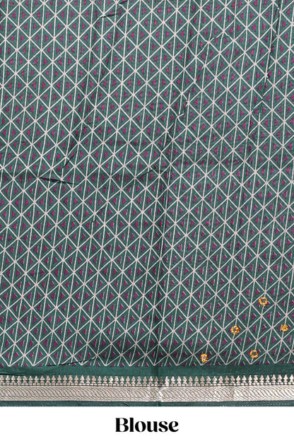 Purple embroidery mirror work viscose georgette saree with contrast chevron design zari border and printed pallu