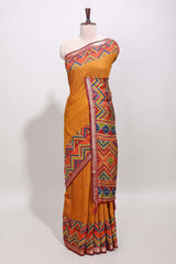 Mustard yellow embroidery mirror work viscose georgette saree with contrast chevron design zari border and printed pallu