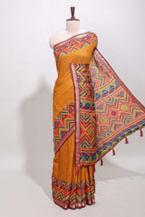 Mustard yellow embroidery mirror work viscose georgette saree with contrast chevron design zari border and printed pallu