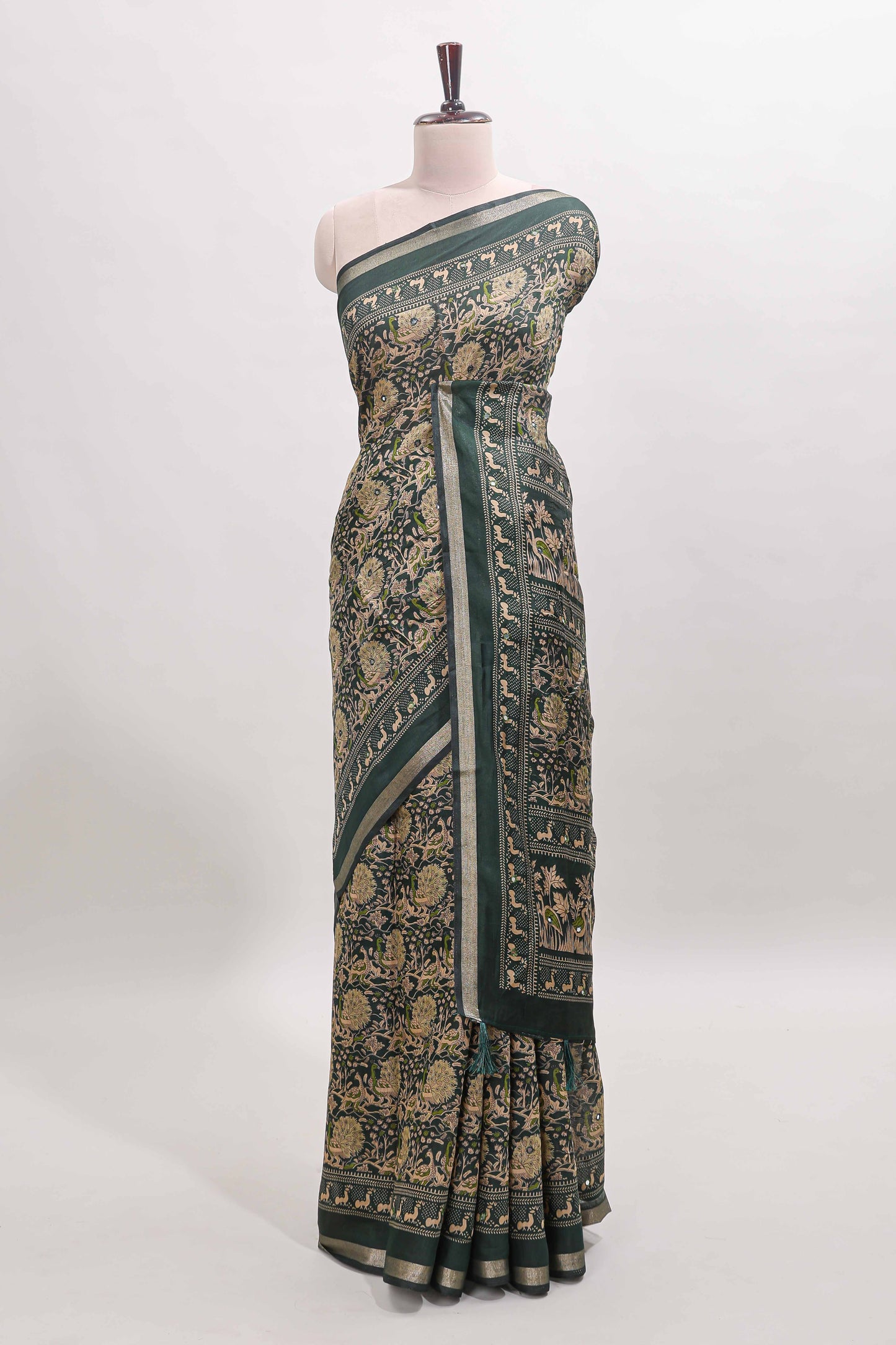Green floral design mirror work viscose georgette saree with self zari border and printed blouse