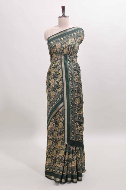 Green floral design mirror work viscose georgette saree with self zari border and printed blouse