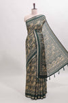 Green floral design mirror work viscose georgette saree with self zari border and printed blouse