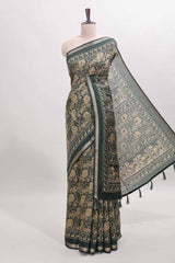 Green floral design mirror work viscose georgette saree with self zari border and printed blouse
