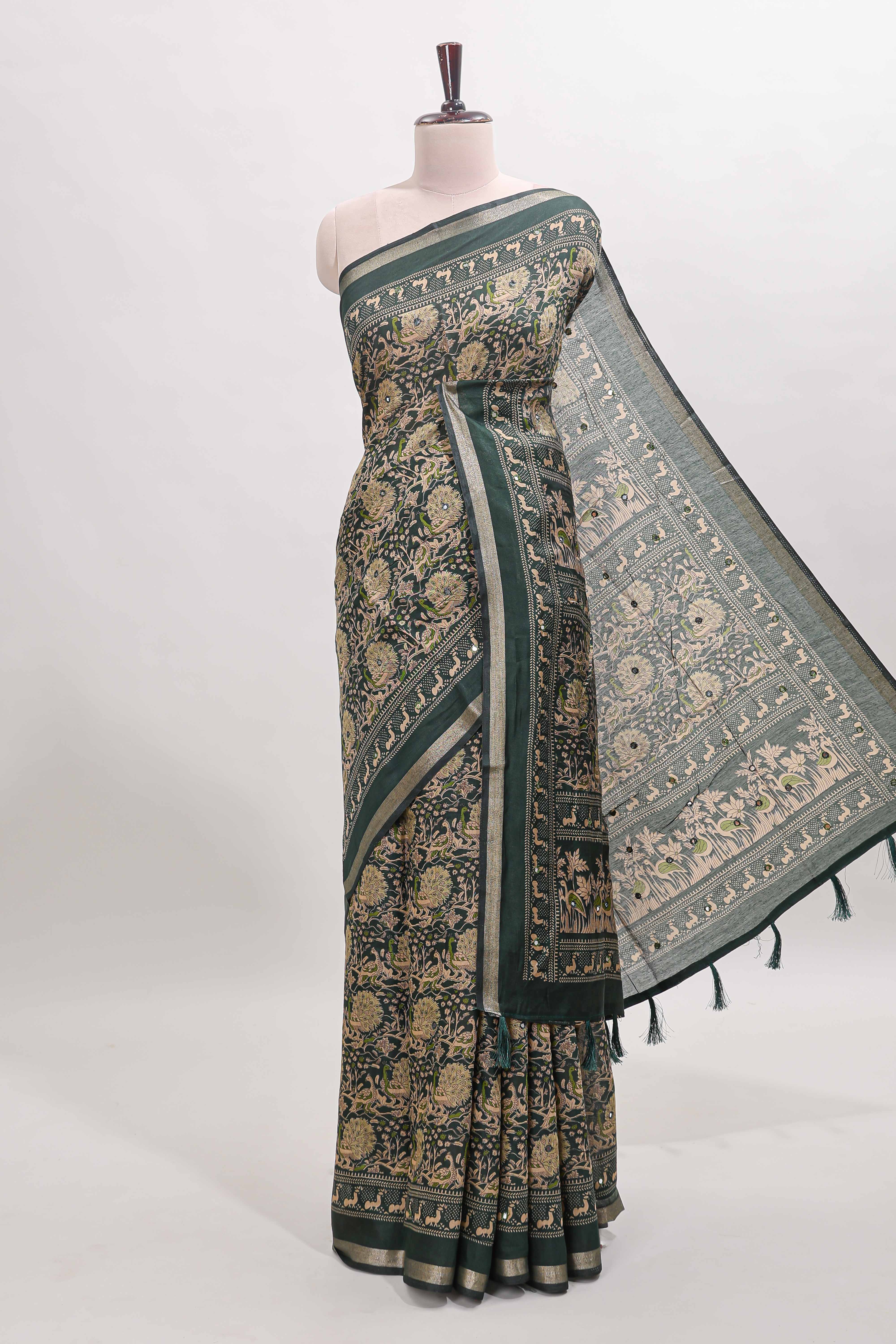 Green floral design mirror work viscose georgette saree with self zari border and printed blouse