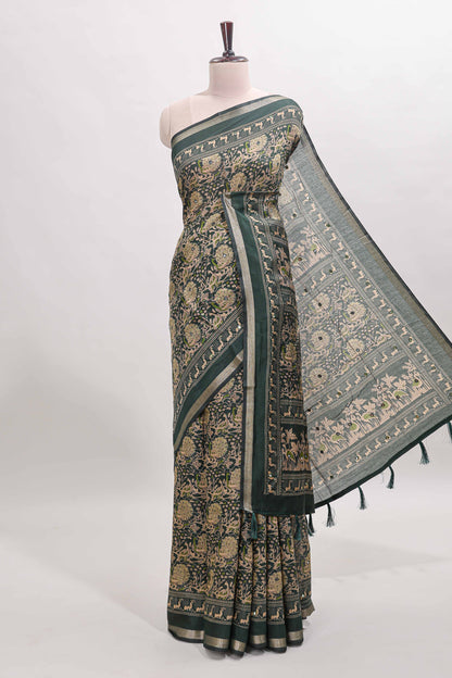 Green floral design mirror work viscose georgette saree with self zari border and printed blouse