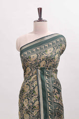 Green floral design mirror work viscose georgette saree with self zari border and printed blouse