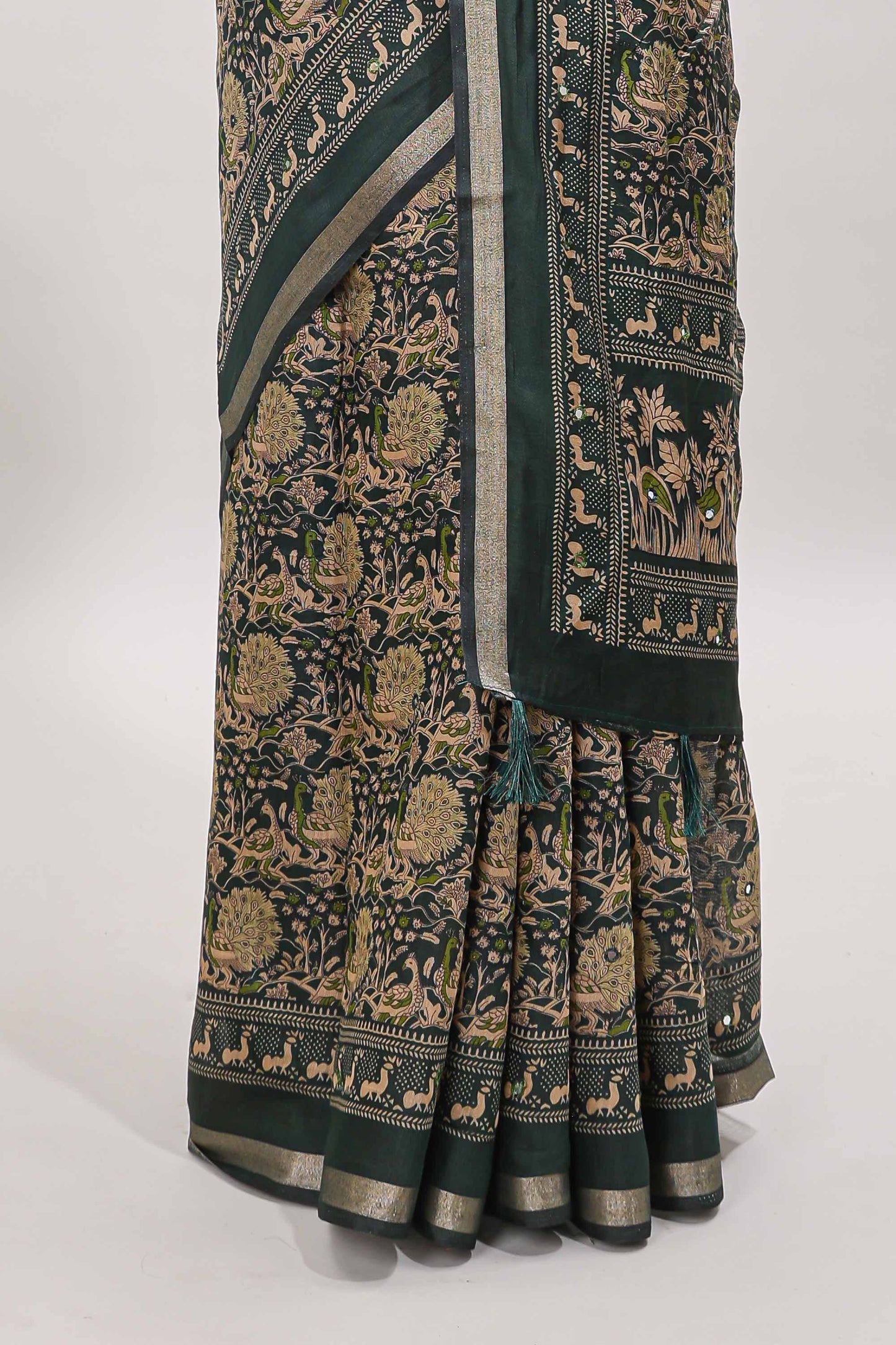 Green floral design mirror work viscose georgette saree with self zari border and printed blouse