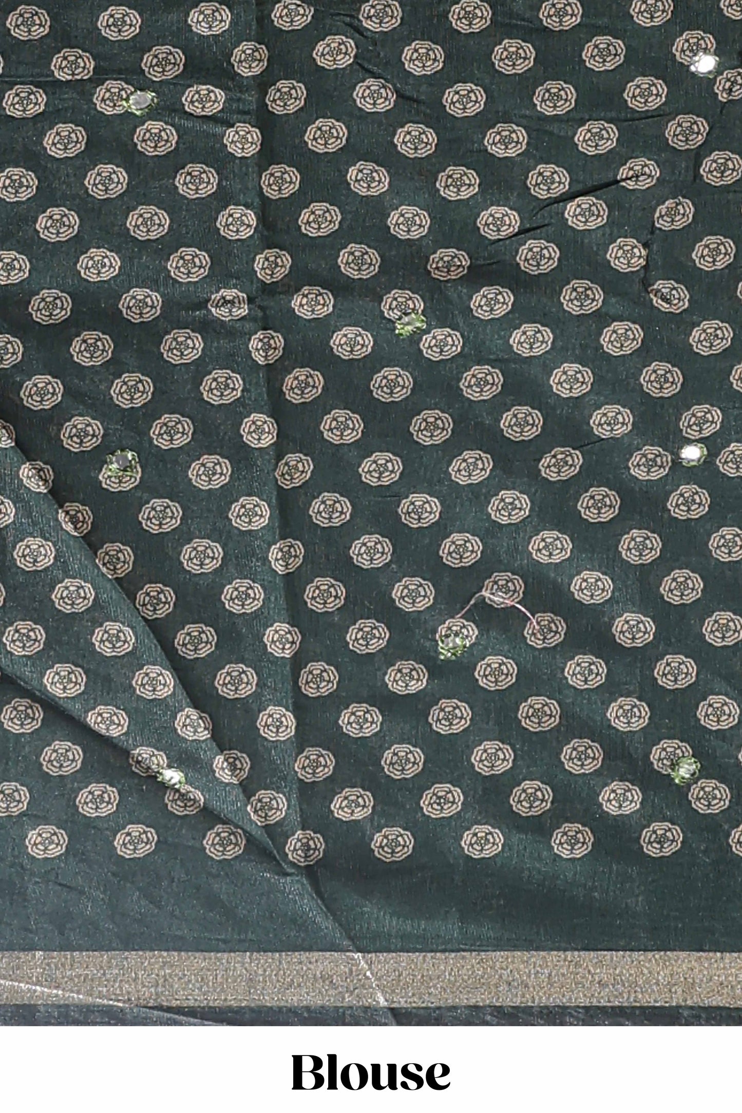 Green floral design mirror work viscose georgette saree with self zari border and printed blouse