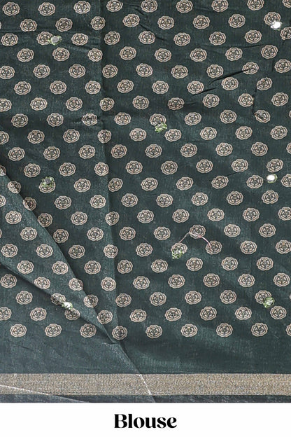 Green floral design mirror work viscose georgette saree with self zari border and printed blouse
