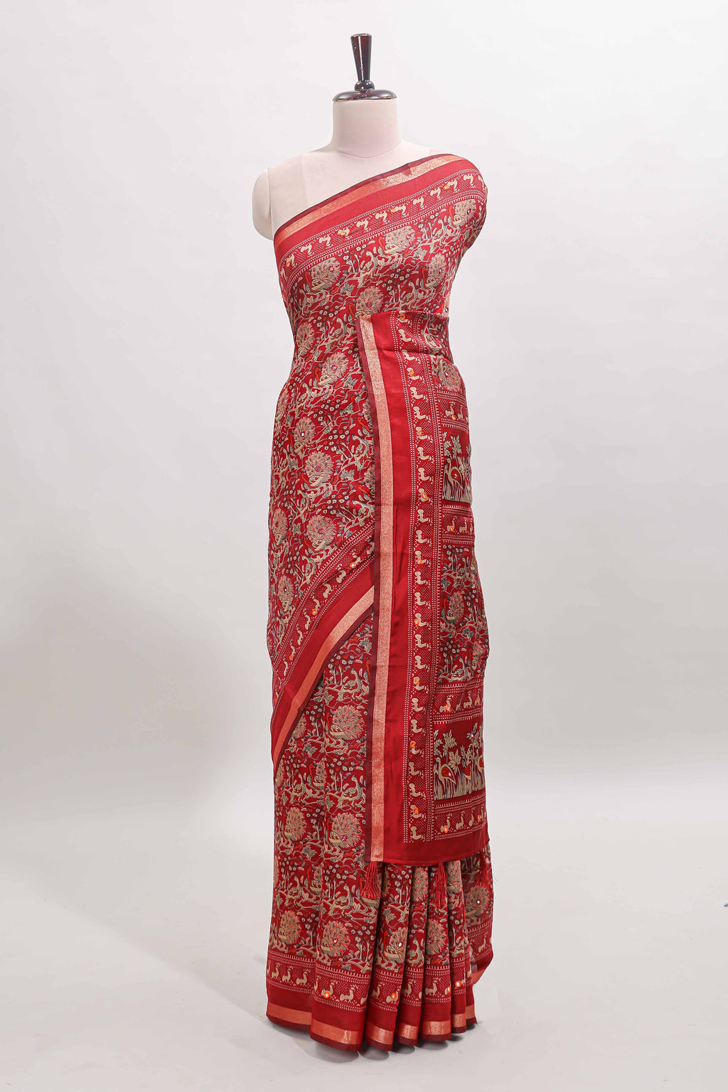Maroon floral design mirror work viscose georgette saree with self zari border and printed blouse