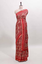 Maroon floral design mirror work viscose georgette saree with self zari border and printed blouse