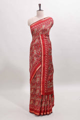 Maroon floral design mirror work viscose georgette saree with self zari border and printed blouse