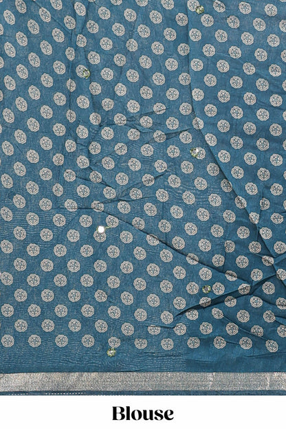 Midnight blue floral design mirror work viscose georgette saree with self zari border and printed blouse