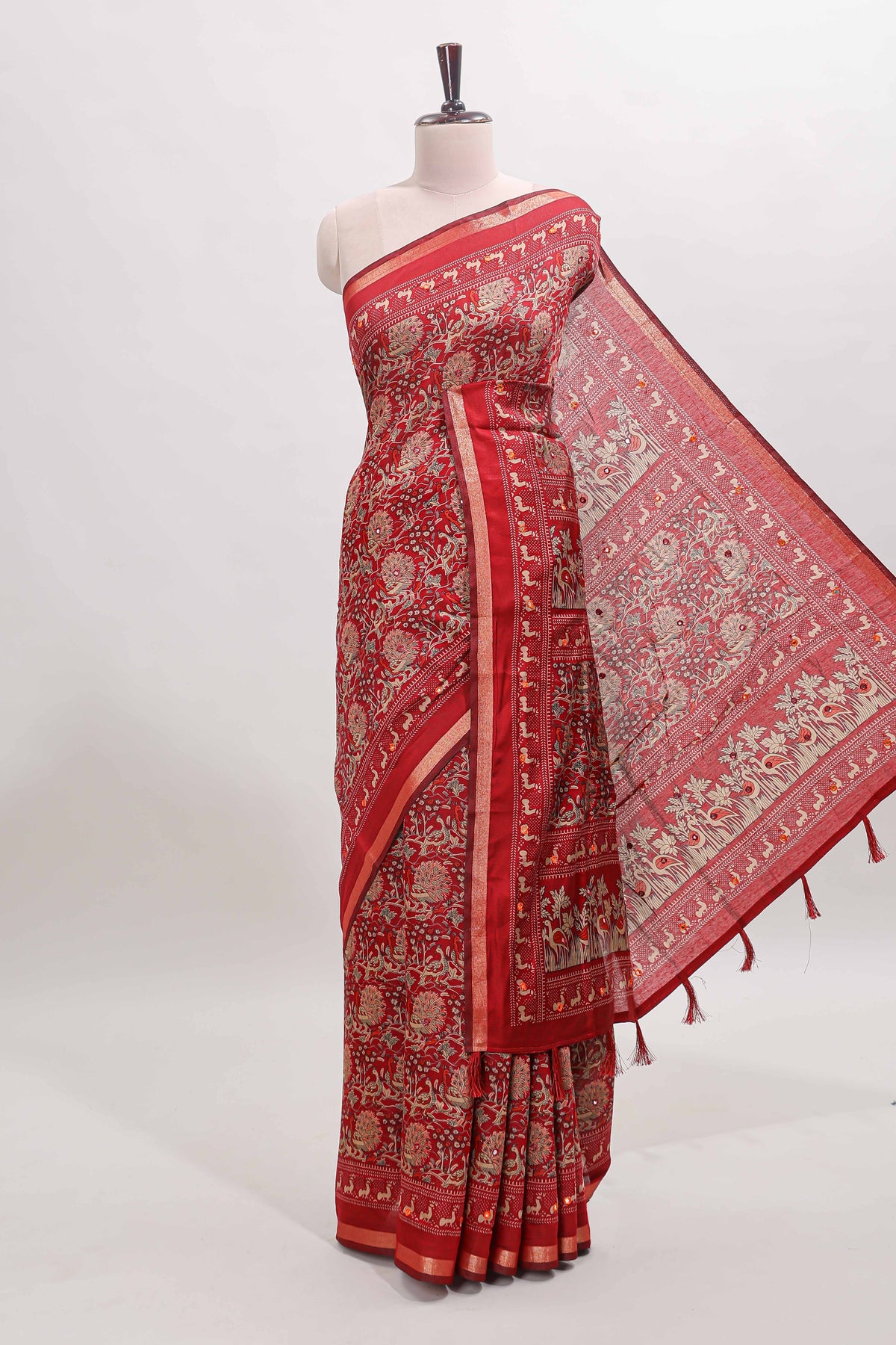 Maroon floral design mirror work viscose georgette saree with self zari border and printed blouse