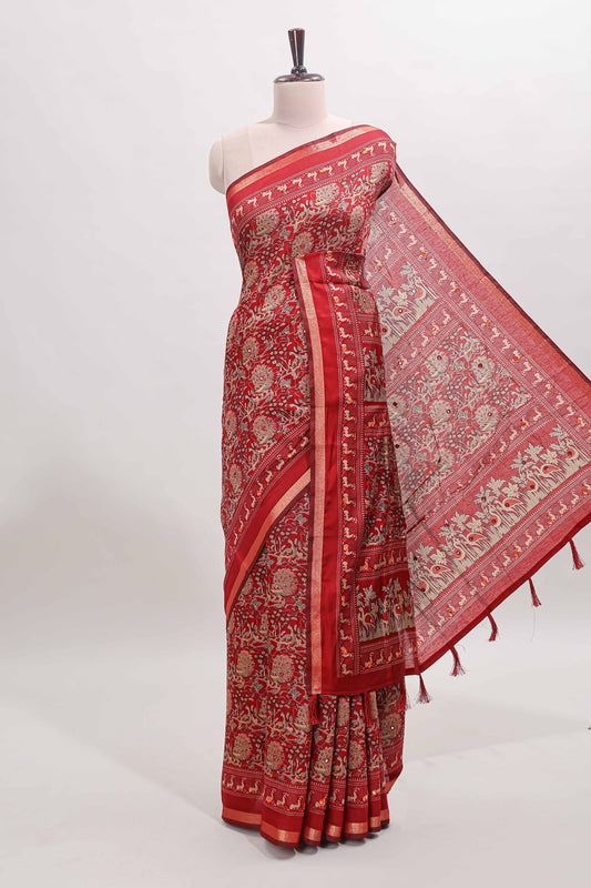 Maroon floral design mirror work viscose georgette saree with self zari border and printed blouse
