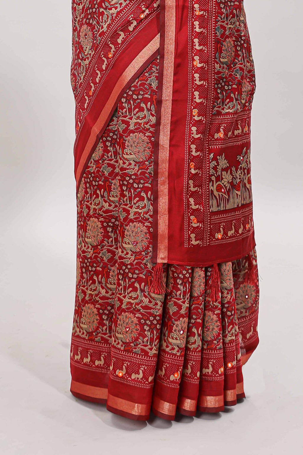 Maroon floral design mirror work viscose georgette saree with self zari border and printed blouse