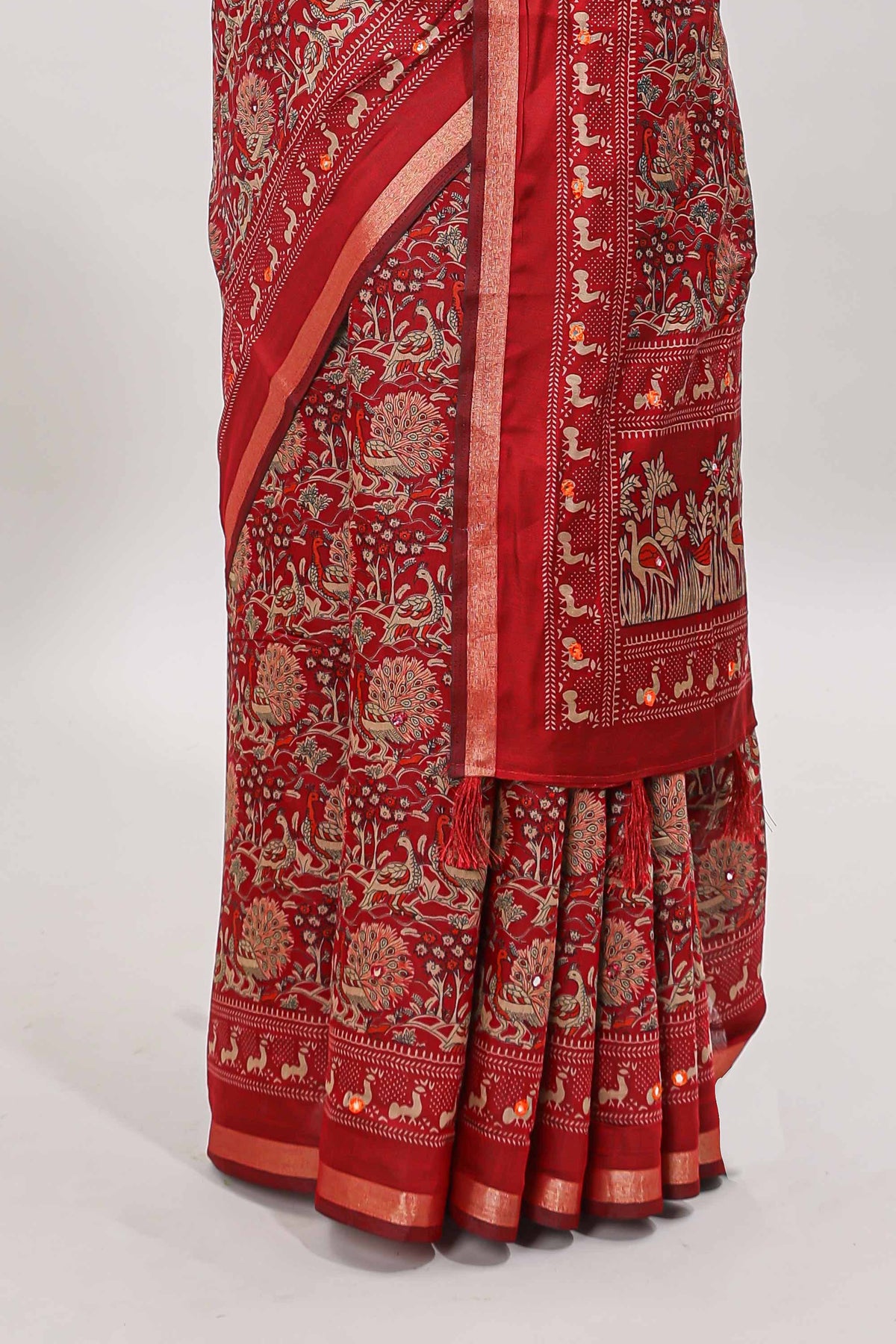 Maroon floral design mirror work viscose georgette saree with self zari border and printed blouse