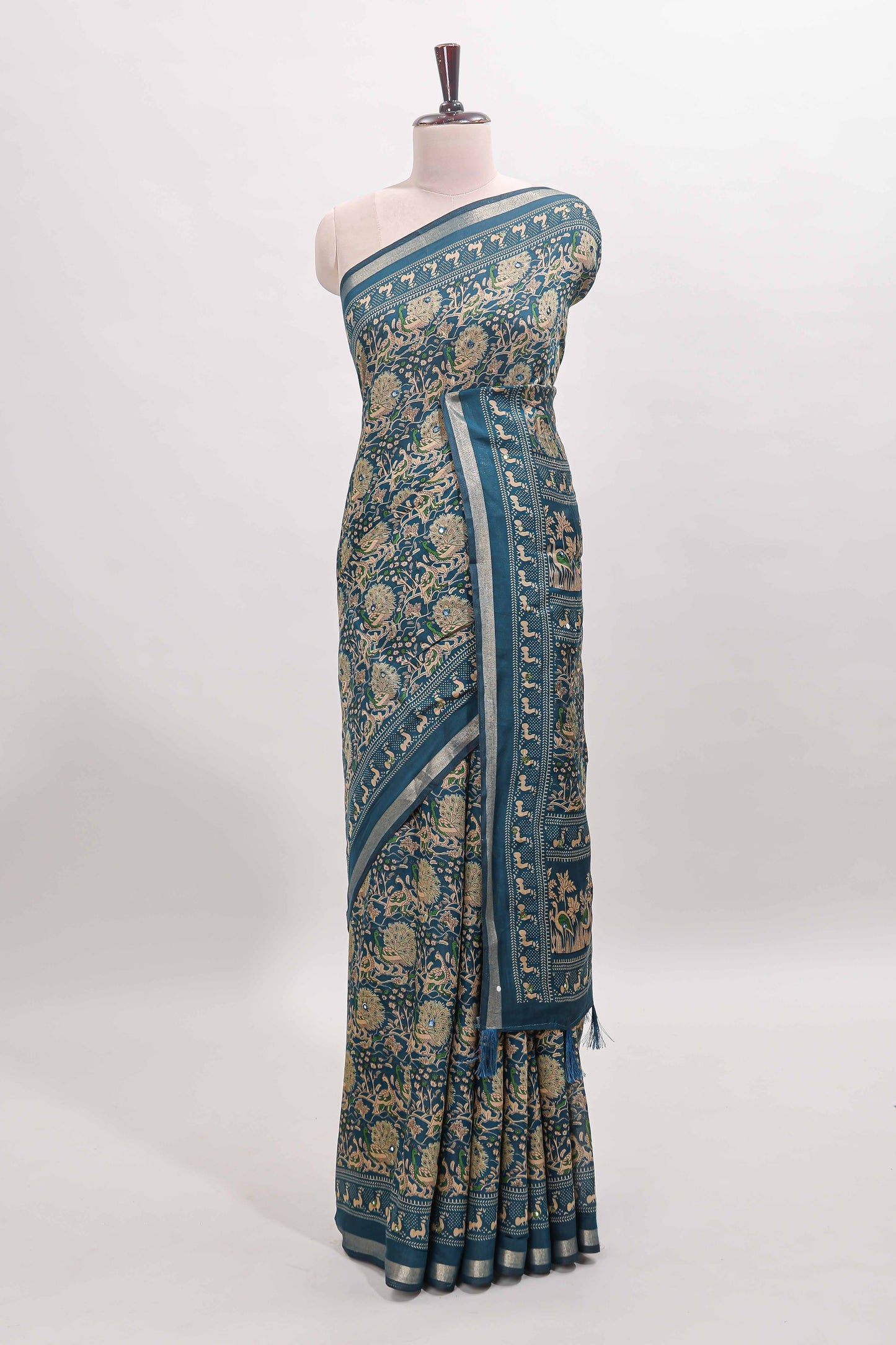 Midnight blue floral design mirror work viscose georgette saree with self zari border and printed blouse